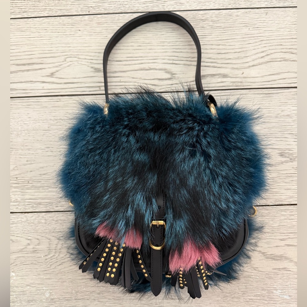 PRADA CORSAIRE FOX-FUR AND LEATHER SHOULDER BAG IN BLUE - Picture 5 of 13